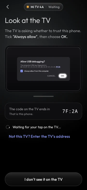 Look at the TV: the TV asks whether to trust this phone; tick Always allow, then choose OK