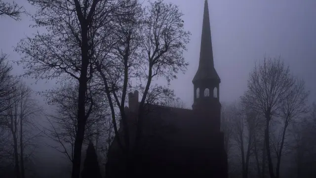 Cemetery chapel in the fog, Chorzów, Poland